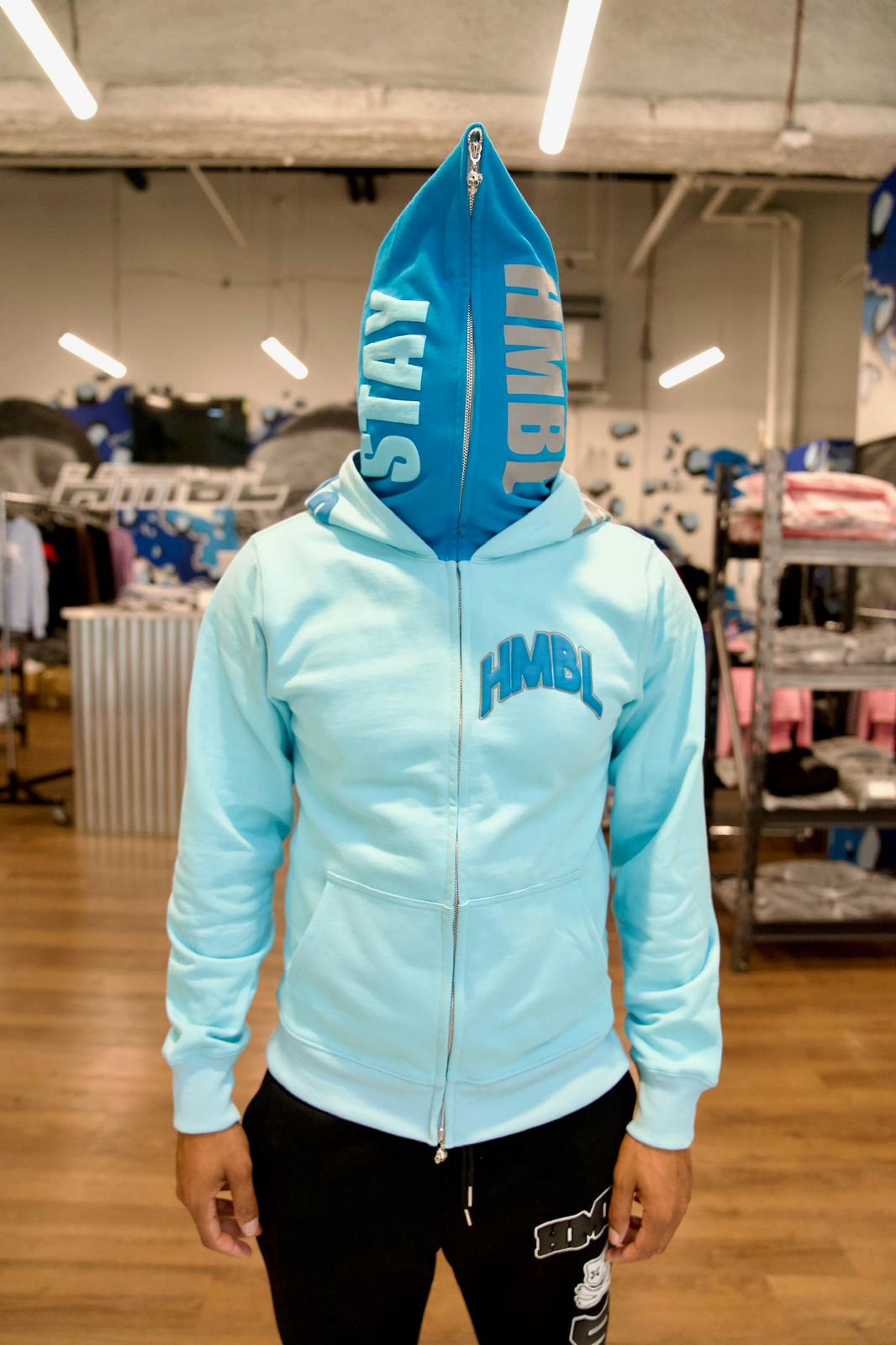 Aqua blue double hood full zip