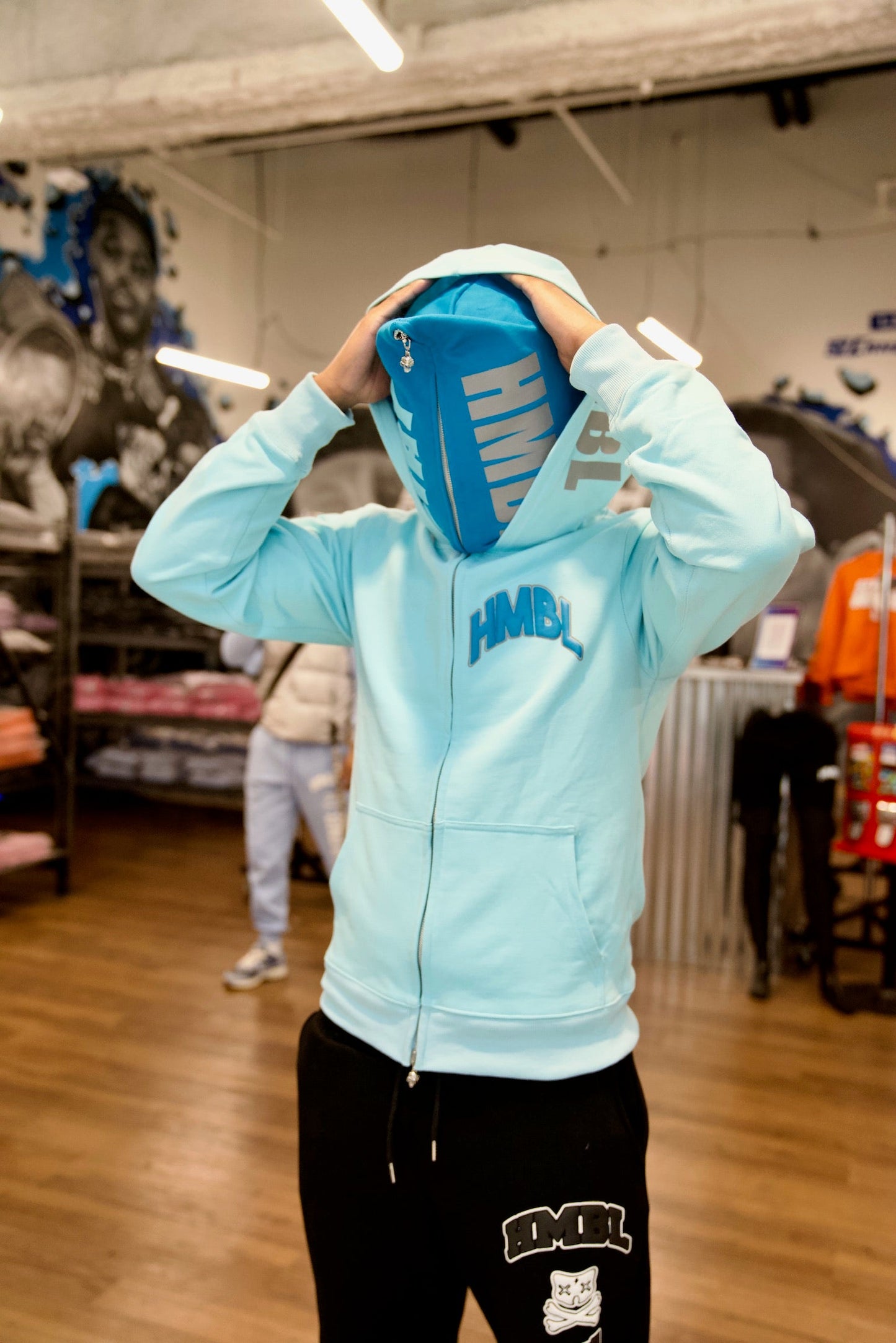 Aqua blue double hood full zip