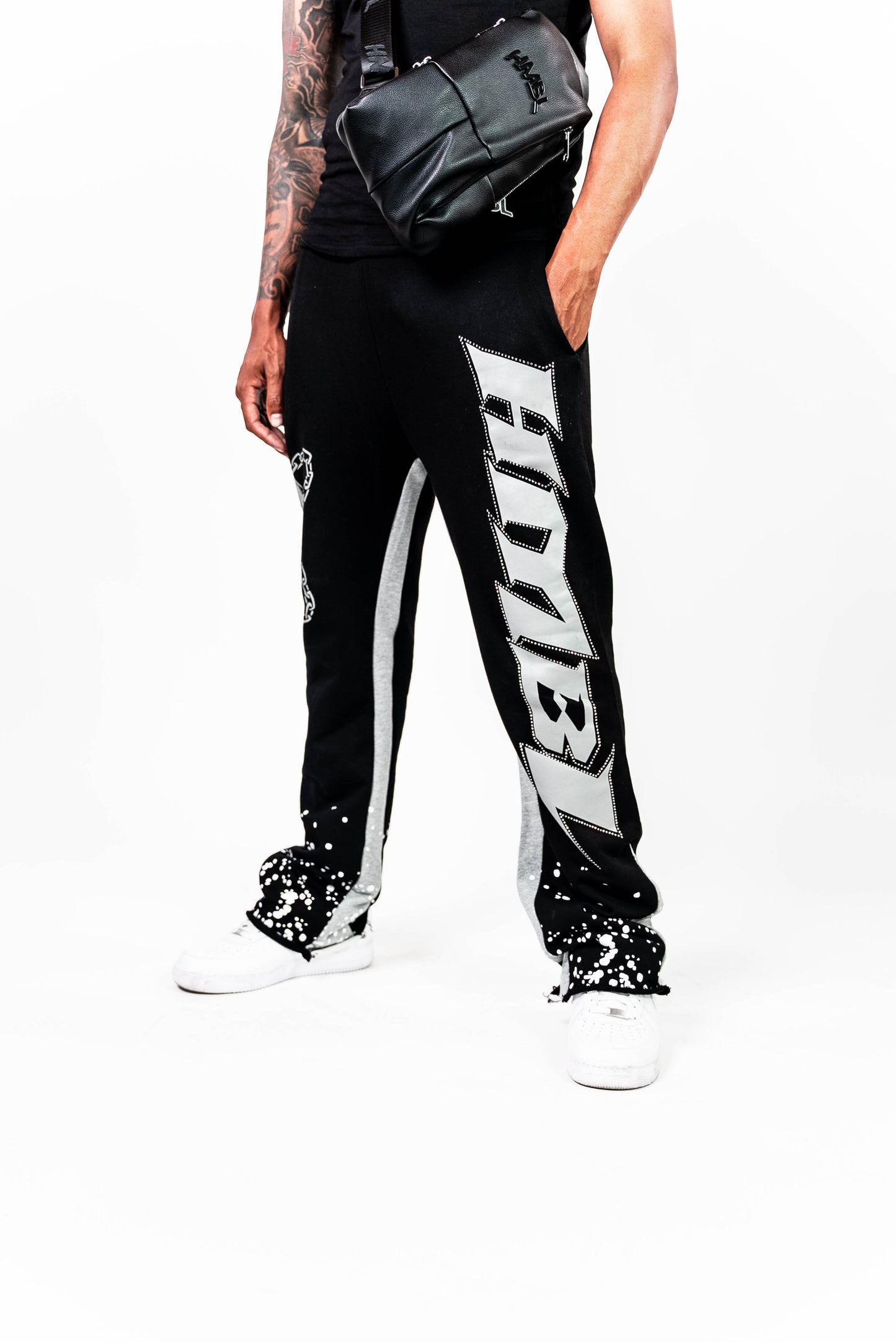 Black grey painted stacked pants